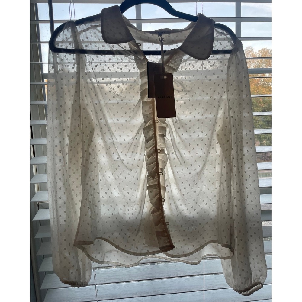NWT Pleione sheer polka dot Collared Long Sleeved button down blouse Size M